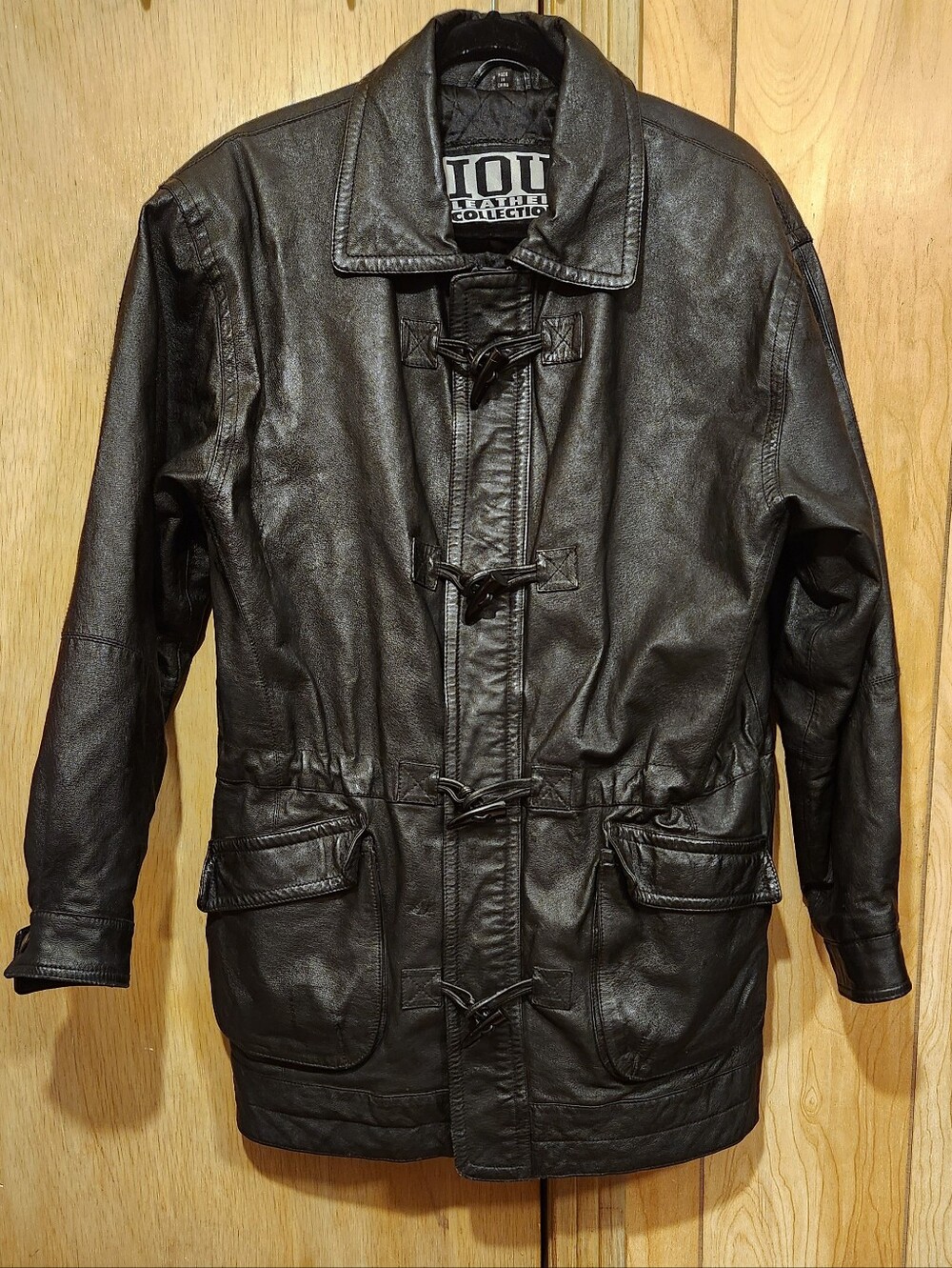 Vintage 90s Grunge Leather Duffle Toggle Coat Black Leather Oversized Mens Sm